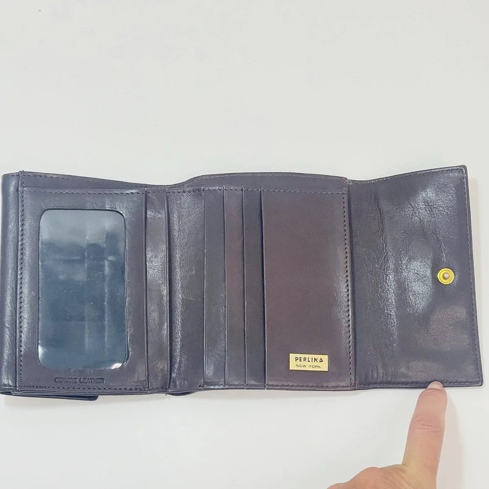 Perlina New York Brown Leather Double Snap Wallet Change Purse Tri-Fold‎ 5